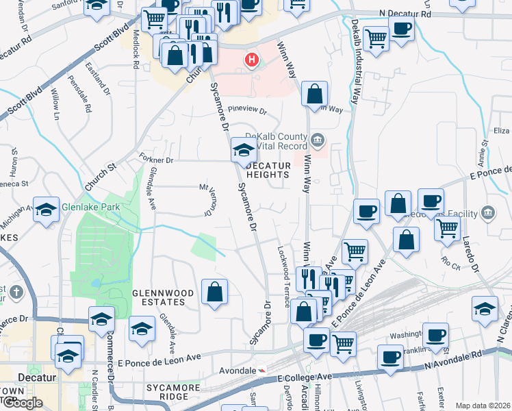 map of restaurants, bars, coffee shops, grocery stores, and more near 60 Sycamore Station in Decatur