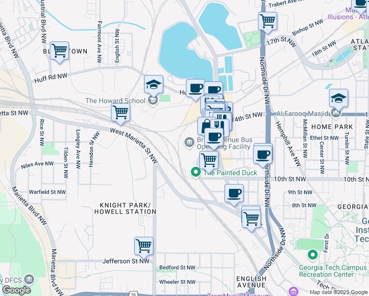 map of restaurants, bars, coffee shops, grocery stores, and more near 1040 Brady Avenue Northwest in Atlanta