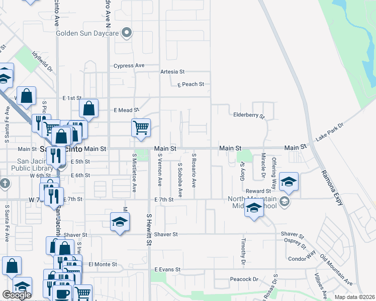 map of restaurants, bars, coffee shops, grocery stores, and more near 719 East Main Street in San Jacinto