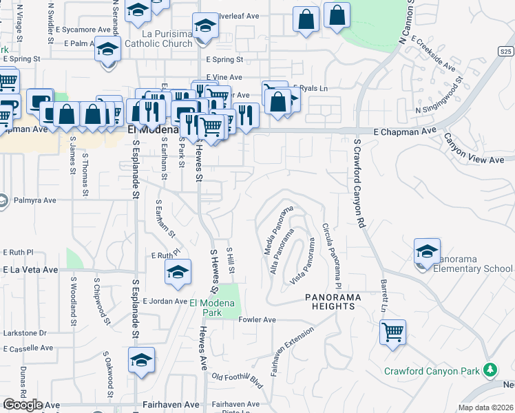 map of restaurants, bars, coffee shops, grocery stores, and more near 18936 1/2 East Smiley Drive in Orange