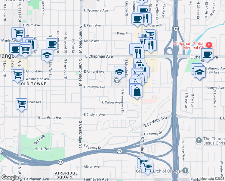 map of restaurants, bars, coffee shops, grocery stores, and more near 1325 East Palmyra Avenue in Orange