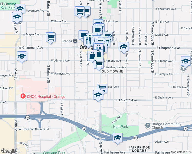 map of restaurants, bars, coffee shops, grocery stores, and more near 119 West Palmyra Avenue in Orange