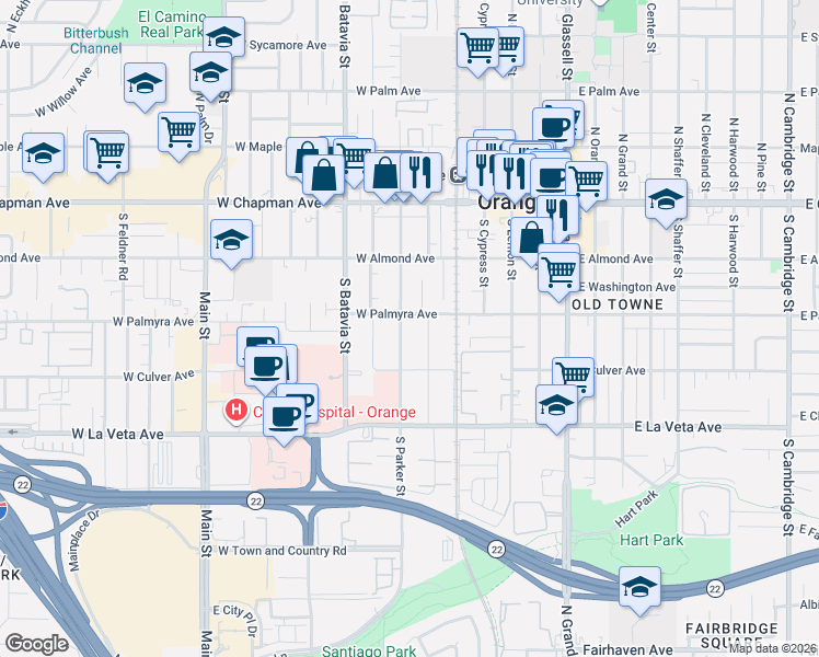 map of restaurants, bars, coffee shops, grocery stores, and more near 281 South Parker Street in Orange