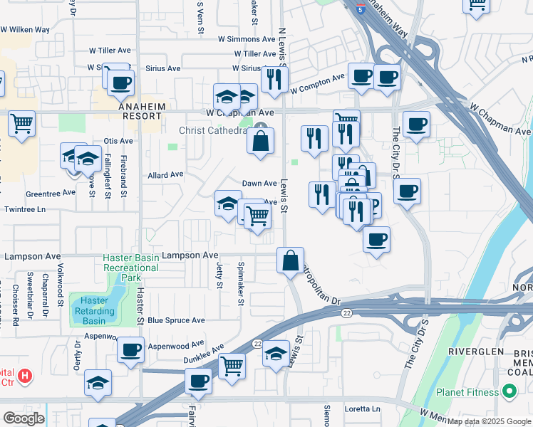 map of restaurants, bars, coffee shops, grocery stores, and more near 13421 Greentree Avenue in Garden Grove