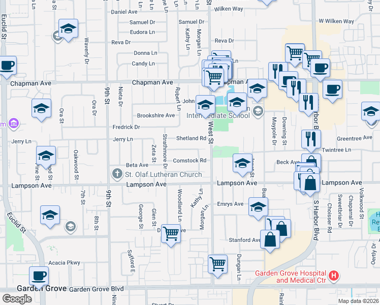 map of restaurants, bars, coffee shops, grocery stores, and more near 11882 Shetland Road in Garden Grove