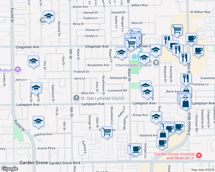 map of restaurants, bars, coffee shops, grocery stores, and more near 11802 Shetland Road in Garden Grove
