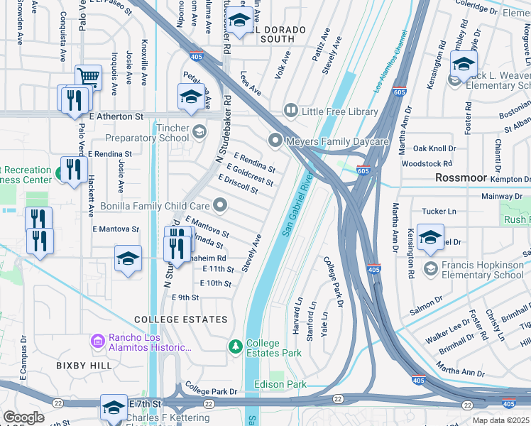 map of restaurants, bars, coffee shops, grocery stores, and more near 1417 Stevely Avenue in Long Beach
