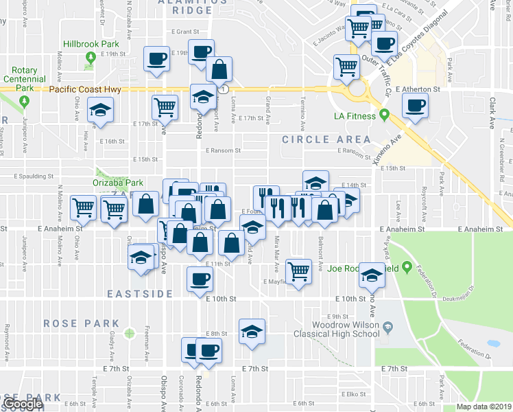 map of restaurants, bars, coffee shops, grocery stores, and more near 1372 Euclid Avenue in Long Beach