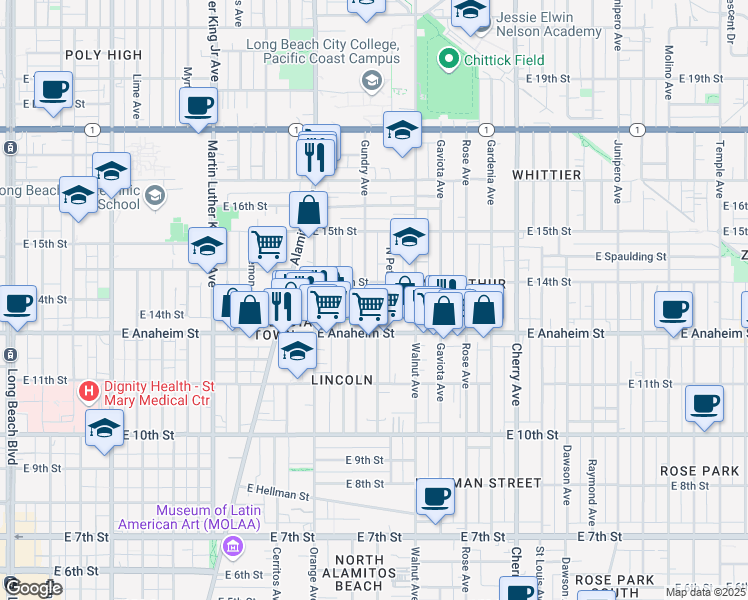 map of restaurants, bars, coffee shops, grocery stores, and more near 1315 East 14th Street in Long Beach