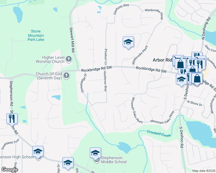 map of restaurants, bars, coffee shops, grocery stores, and more near 494 Heathrow Way in Stone Mountain