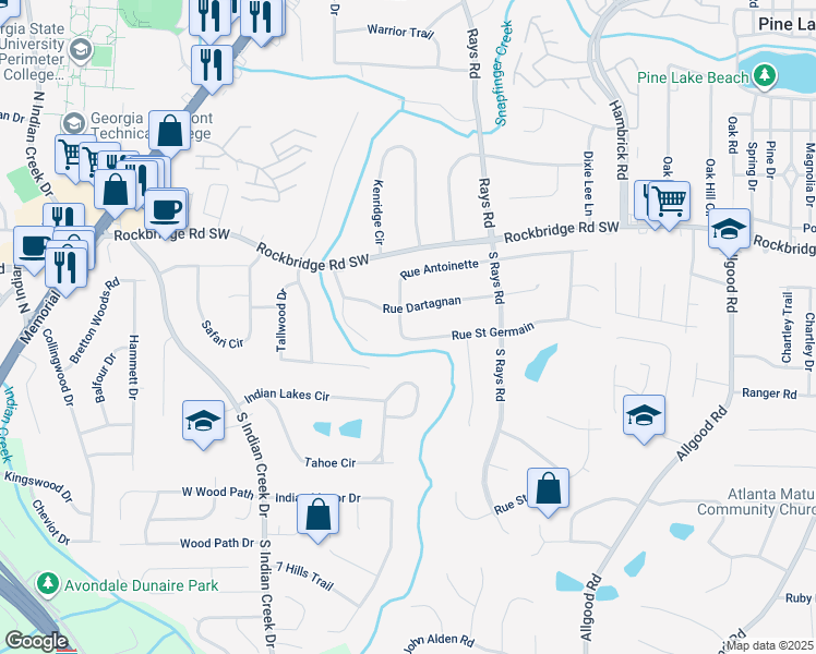 map of restaurants, bars, coffee shops, grocery stores, and more near 4068 Rue Antoinette in Stone Mountain