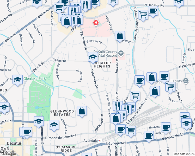 map of restaurants, bars, coffee shops, grocery stores, and more near 60 Sycamore Station in Decatur