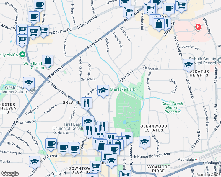 map of restaurants, bars, coffee shops, grocery stores, and more near 216 Lucerne Street in Decatur