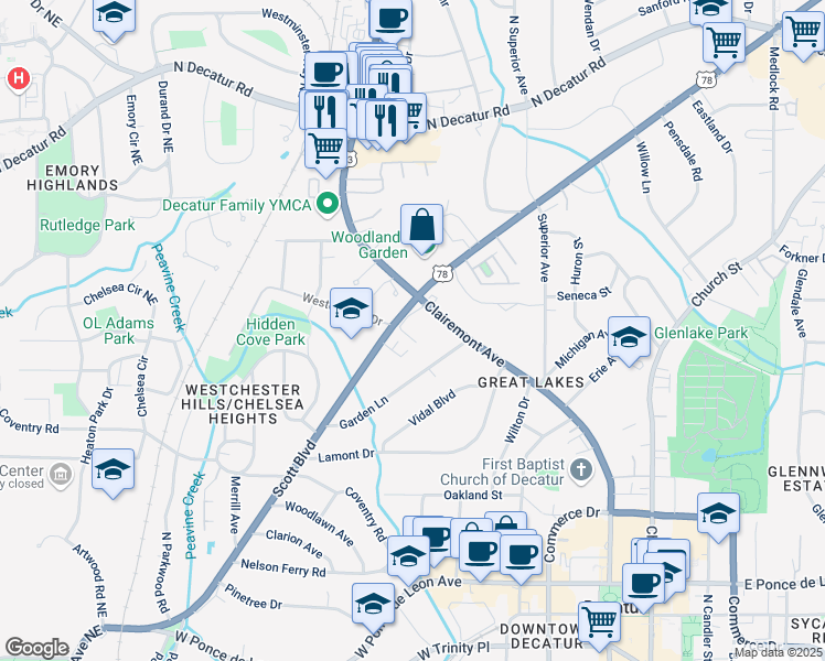 map of restaurants, bars, coffee shops, grocery stores, and more near 305 Ridley Howard Court in Decatur