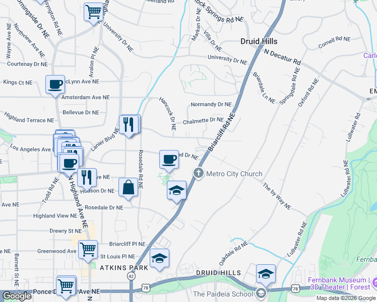 map of restaurants, bars, coffee shops, grocery stores, and more near 1335 Briarwood Drive Northeast in Atlanta
