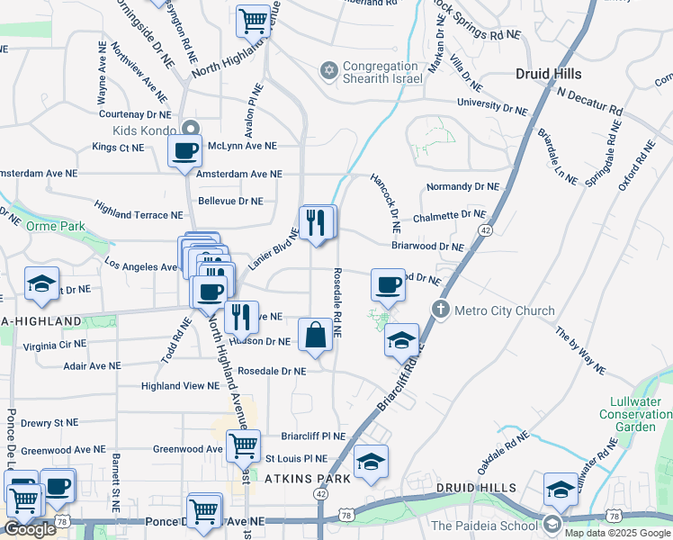 map of restaurants, bars, coffee shops, grocery stores, and more near 1095 Rosedale Road Northeast in Atlanta