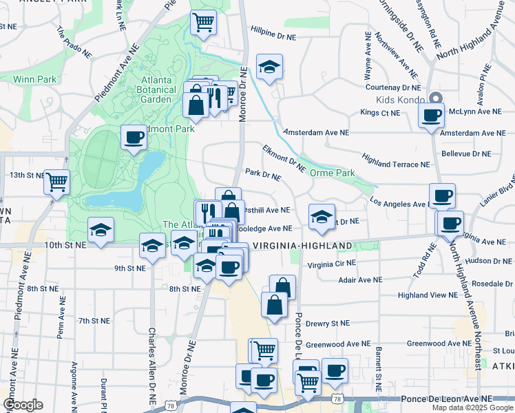 map of restaurants, bars, coffee shops, grocery stores, and more near 648 Cresthill Avenue Northeast in Atlanta