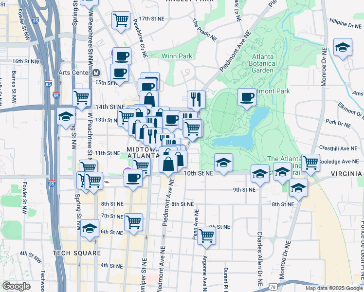 map of restaurants, bars, coffee shops, grocery stores, and more near 242 12th Street Northeast in Atlanta
