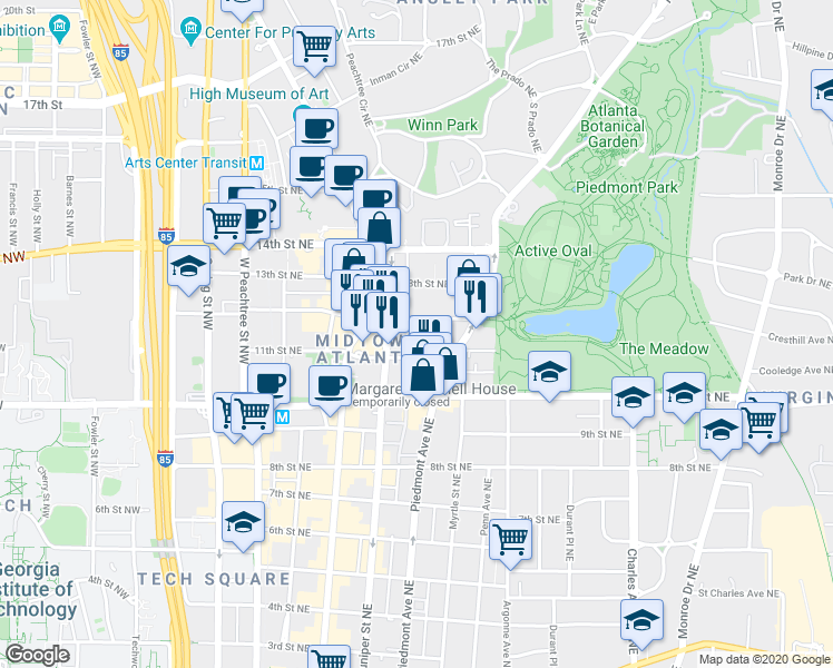 map of restaurants, bars, coffee shops, grocery stores, and more near 202 12th Street Northeast in Atlanta