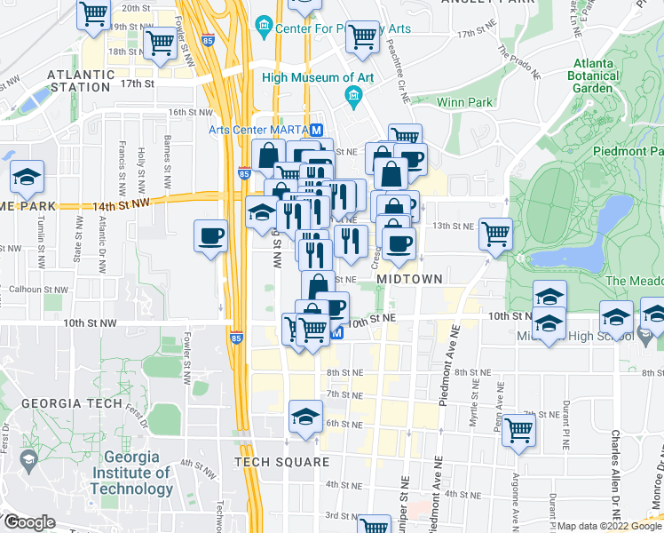 map of restaurants, bars, coffee shops, grocery stores, and more near in Atlanta