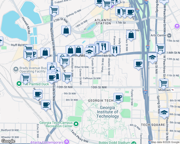 map of restaurants, bars, coffee shops, grocery stores, and more near 1085 Tumlin Street Northwest in Atlanta