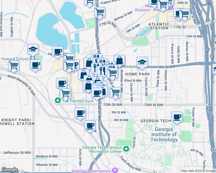map of restaurants, bars, coffee shops, grocery stores, and more near 570 Ethel Street Northwest in Atlanta
