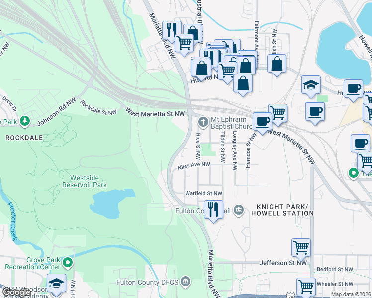 map of restaurants, bars, coffee shops, grocery stores, and more near in Atlanta