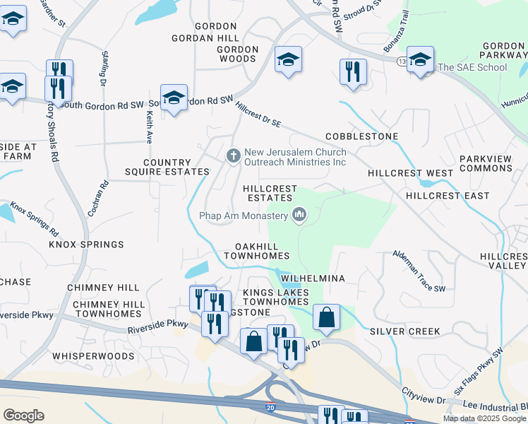 map of restaurants, bars, coffee shops, grocery stores, and more near 6991 ⛉ Bonnes Boulevard in Austell