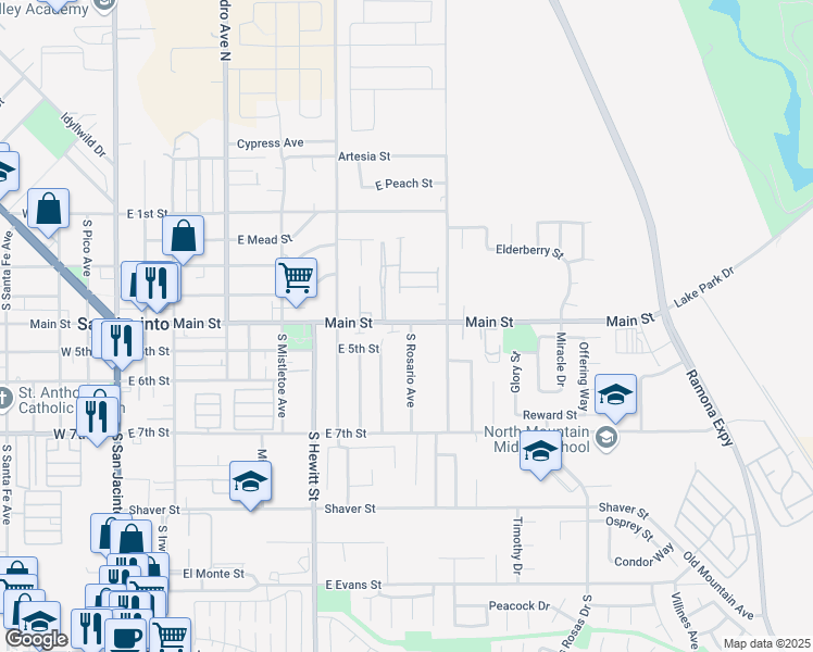 map of restaurants, bars, coffee shops, grocery stores, and more near South Rosario Avenue in San Jacinto