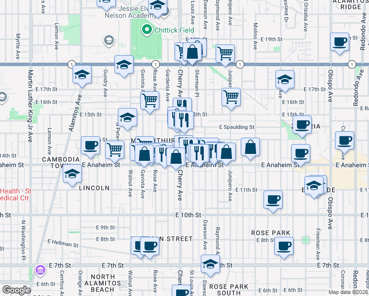 map of restaurants, bars, coffee shops, grocery stores, and more near in Long Beach