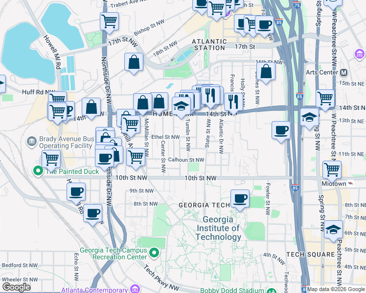 map of restaurants, bars, coffee shops, grocery stores, and more near 1085 Tumlin Street Northwest in Atlanta