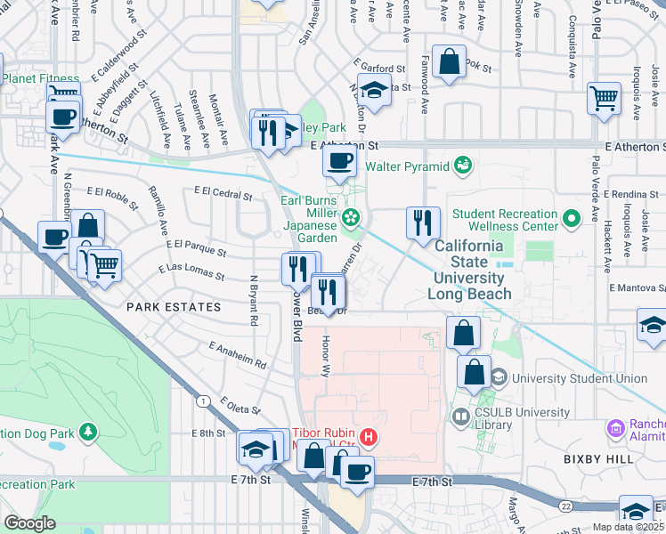 map of restaurants, bars, coffee shops, grocery stores, and more near in Long Beach