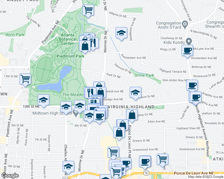 map of restaurants, bars, coffee shops, grocery stores, and more near 648 Cresthill Avenue Northeast in Atlanta