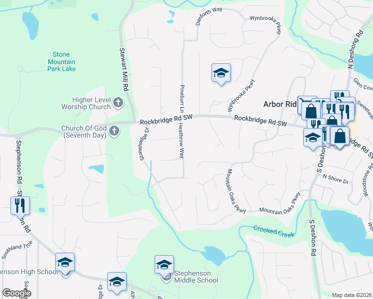 map of restaurants, bars, coffee shops, grocery stores, and more near 494 Heathrow Way in Stone Mountain