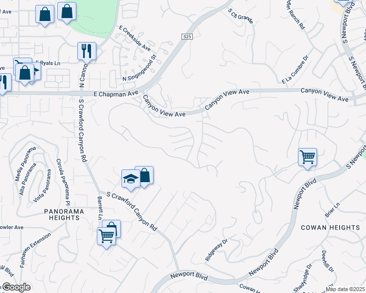 map of restaurants, bars, coffee shops, grocery stores, and more near 6245 East Allison Circle in Orange