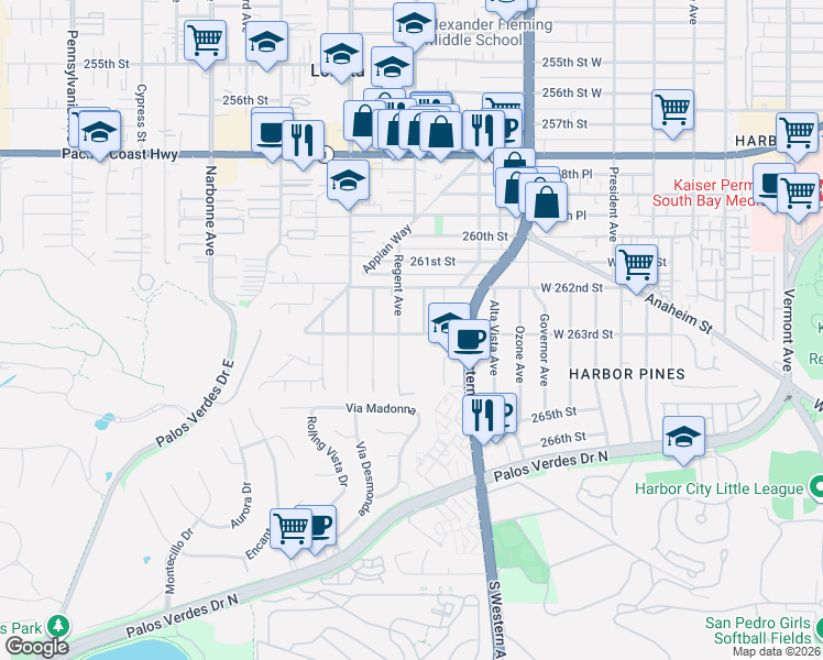 map of restaurants, bars, coffee shops, grocery stores, and more near 26224 Regent Avenue in Lomita