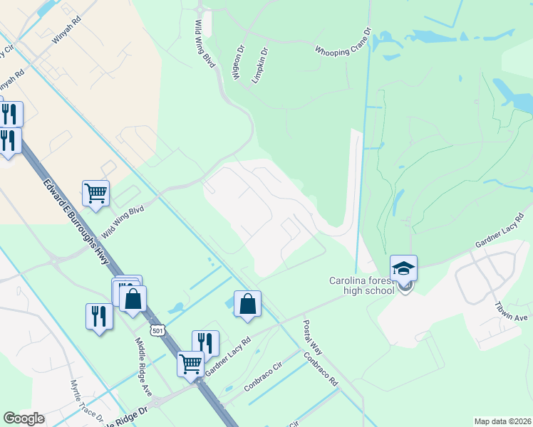map of restaurants, bars, coffee shops, grocery stores, and more near 324 Wild Wing Boulevard in Conway