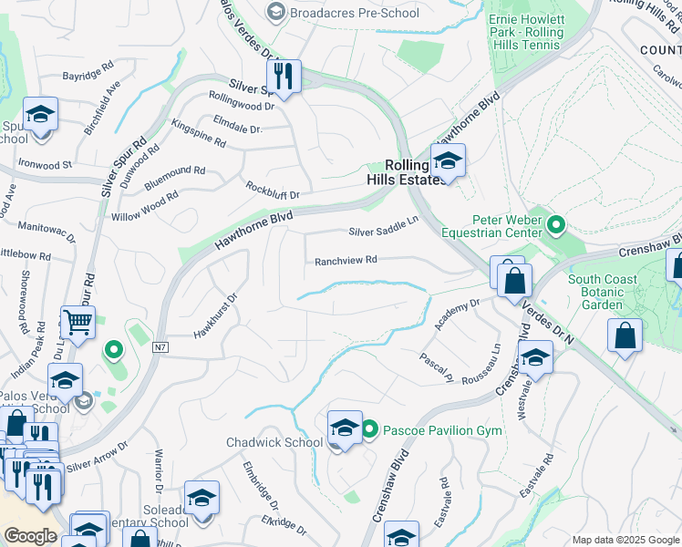 map of restaurants, bars, coffee shops, grocery stores, and more near 54 Ranchview Road in Rolling Hills Estates