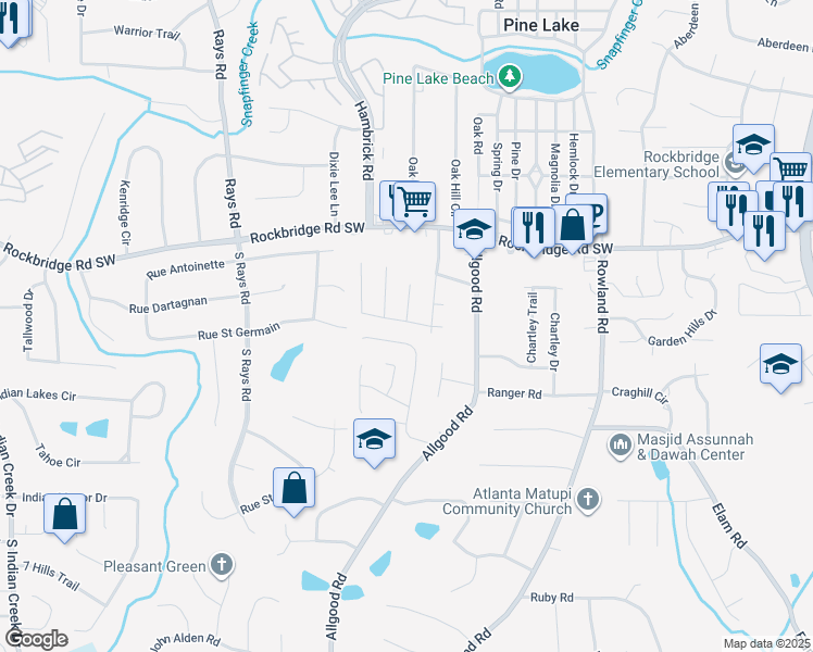 map of restaurants, bars, coffee shops, grocery stores, and more near 447 Sheppard Crook in Stone Mountain