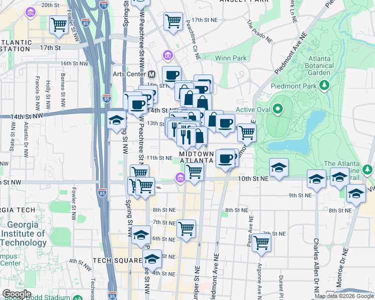 map of restaurants, bars, coffee shops, grocery stores, and more near 1100 Peachtree Street Northeast in Atlanta