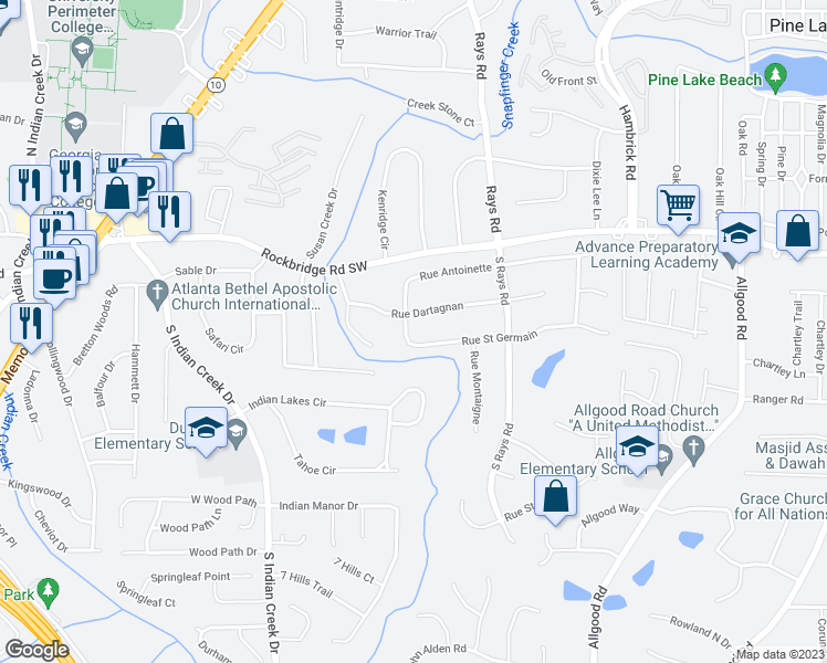 map of restaurants, bars, coffee shops, grocery stores, and more near 4088 Rue Saint Germain in Stone Mountain