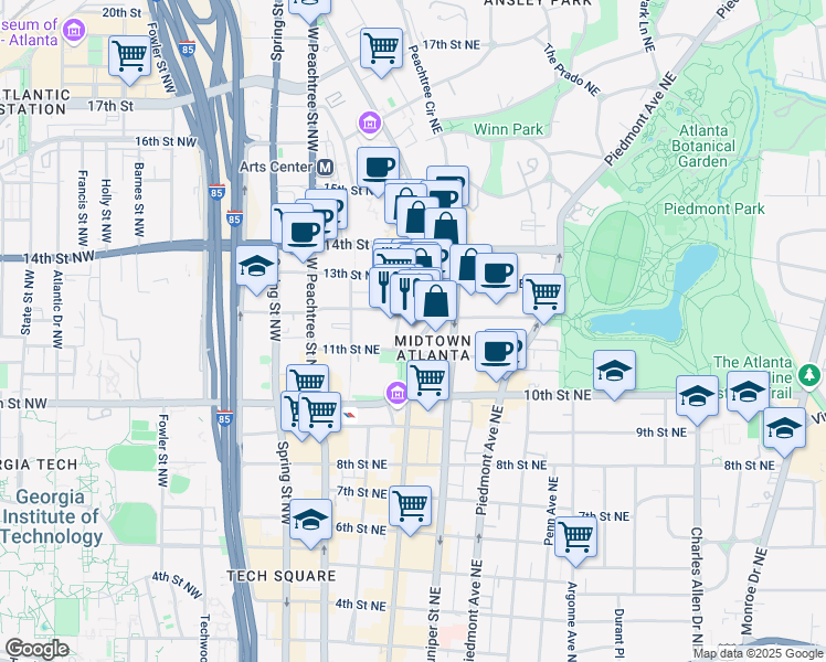 map of restaurants, bars, coffee shops, grocery stores, and more near 1100 Peachtree Street Northeast in Atlanta