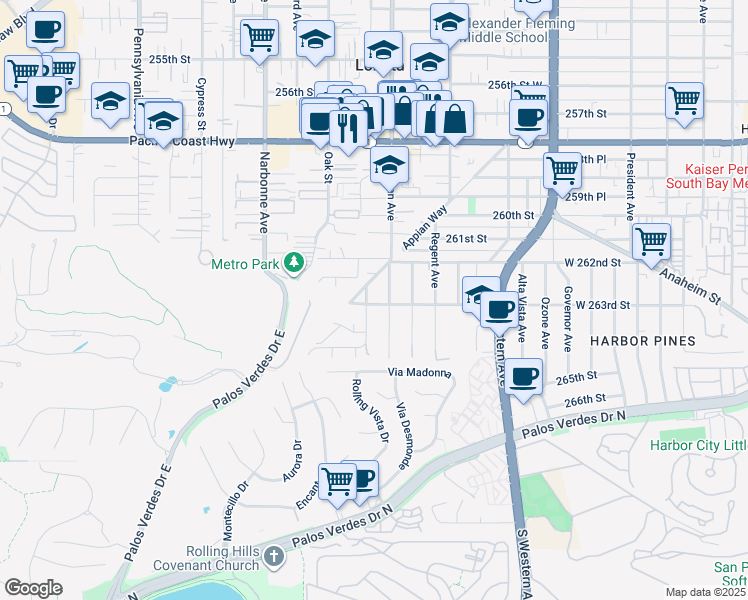 map of restaurants, bars, coffee shops, grocery stores, and more near 2017 263rd Street in Lomita