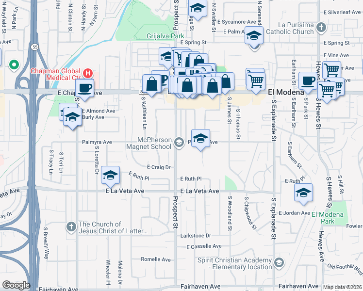 map of restaurants, bars, coffee shops, grocery stores, and more near 333 South Prospect Street in Orange