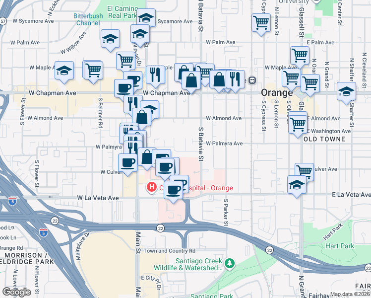 map of restaurants, bars, coffee shops, grocery stores, and more near 325 South Citrus Street in Orange