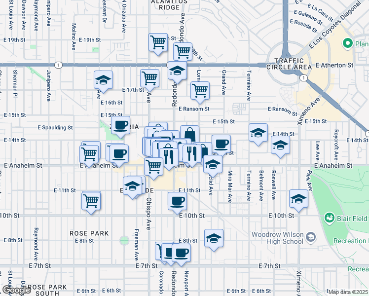 map of restaurants, bars, coffee shops, grocery stores, and more near 1365 Newport Avenue in Long Beach