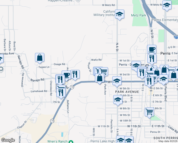 map of restaurants, bars, coffee shops, grocery stores, and more near 0 Kruse Street in Perris