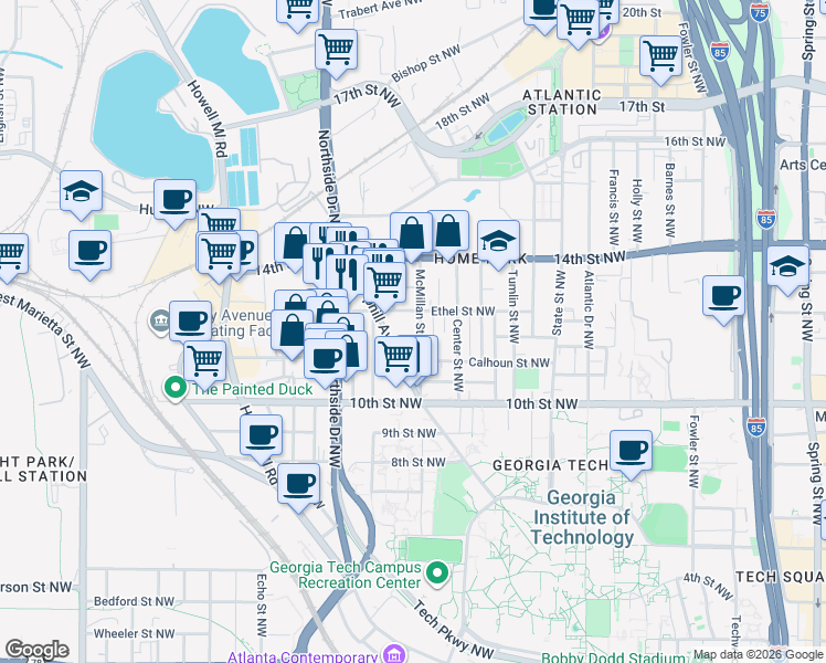 map of restaurants, bars, coffee shops, grocery stores, and more near 1064 McMillan Street Northwest in Atlanta