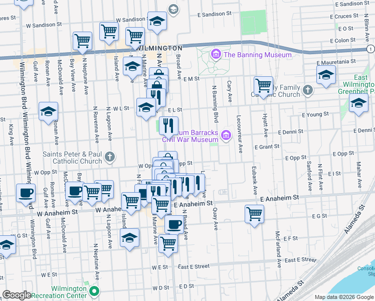 map of restaurants, bars, coffee shops, grocery stores, and more near 1028 Broad Avenue in Los Angeles