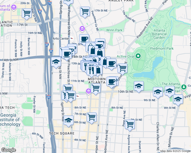 map of restaurants, bars, coffee shops, grocery stores, and more near 1073 West Peachtree Street Northwest in Atlanta